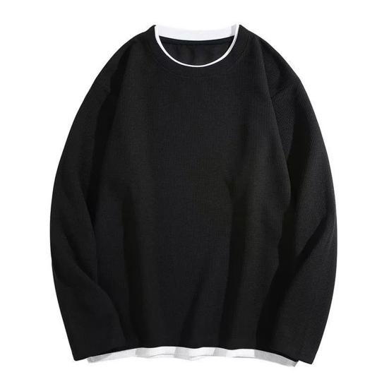 Men O-Neck Waffle Sweatshirt Fake Two-Piece Long Sleeve T-shirt Casual Loose Pullover for Spring Autumn Daily Wear Street