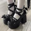 Lolita Schuhe Damen High Heels Schuhe Frau Chunky Sandalen Sommer Mary Janes PU Lederschuhe Retro Schleife Party Plateau Pumps