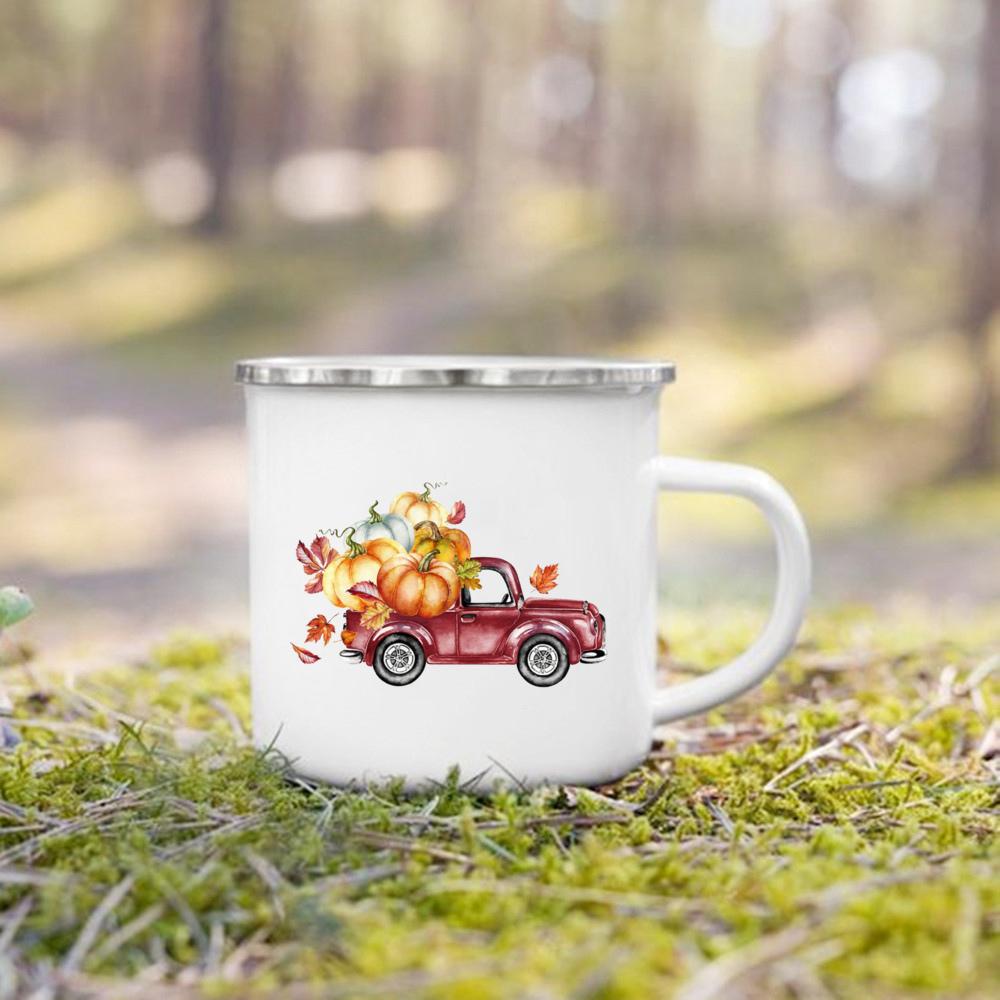 Hello Pumpkin Print Enamel Mugs Coffee Cups Fall Thanksgiving Party Juice Mug Handle Cup Autumn Holiday Gifts for Family Friends