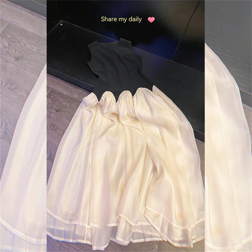 Elegant Ladies Round Neck Sleeveless Long Dress Chic Design Patchwork Color Formal Occasion Women Summer Dress