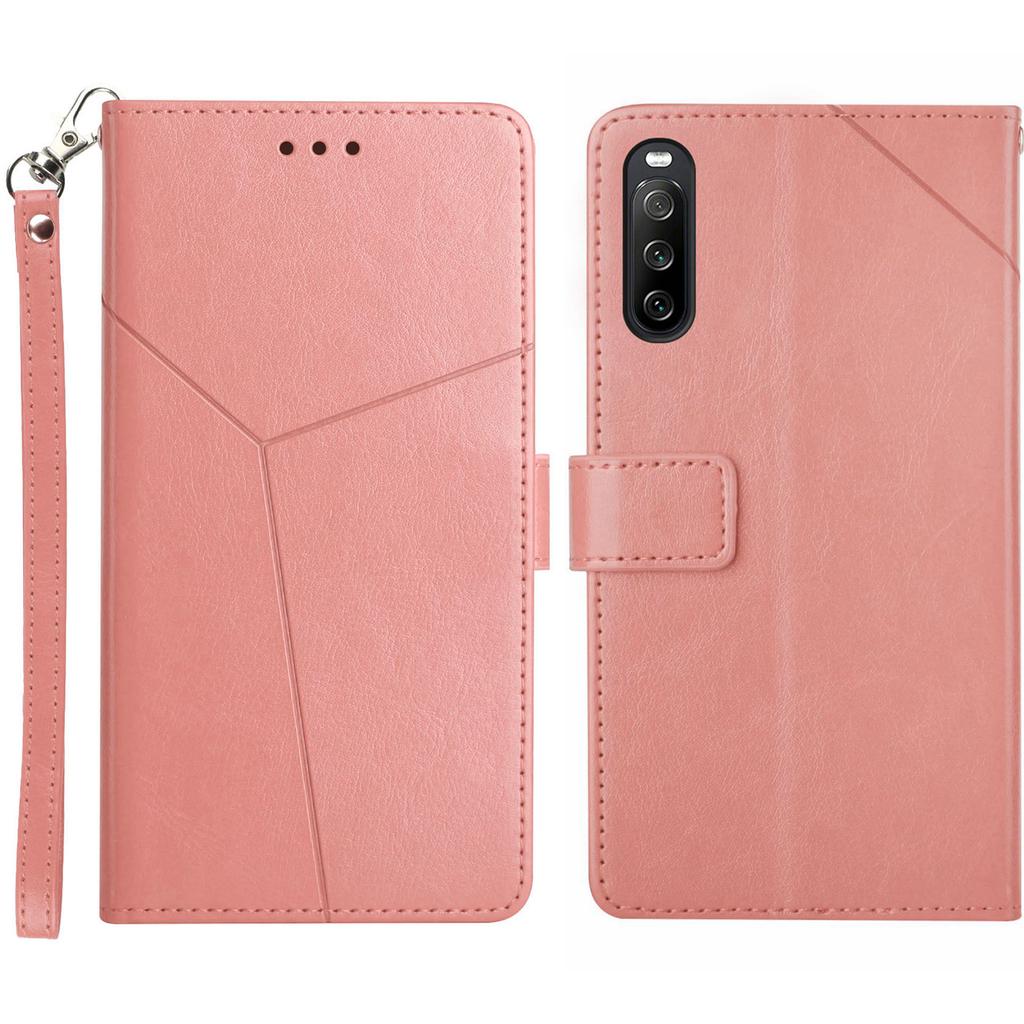 For Sony Xperia 10 VI Case with Wrist Strap Y Shaped Lines Imprint Leather Phone Cover