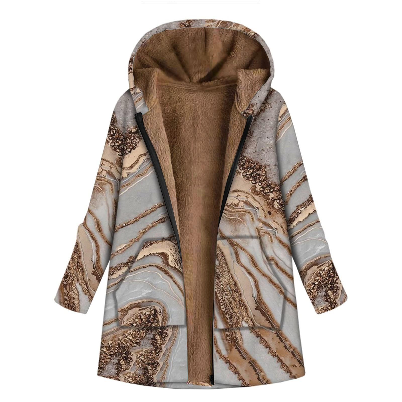 

Женское повседневное пальто с длинными рукавами и длинными рукавами с крупным принтом на молнии и плюшевым капюшоном с карманами XXL золотой