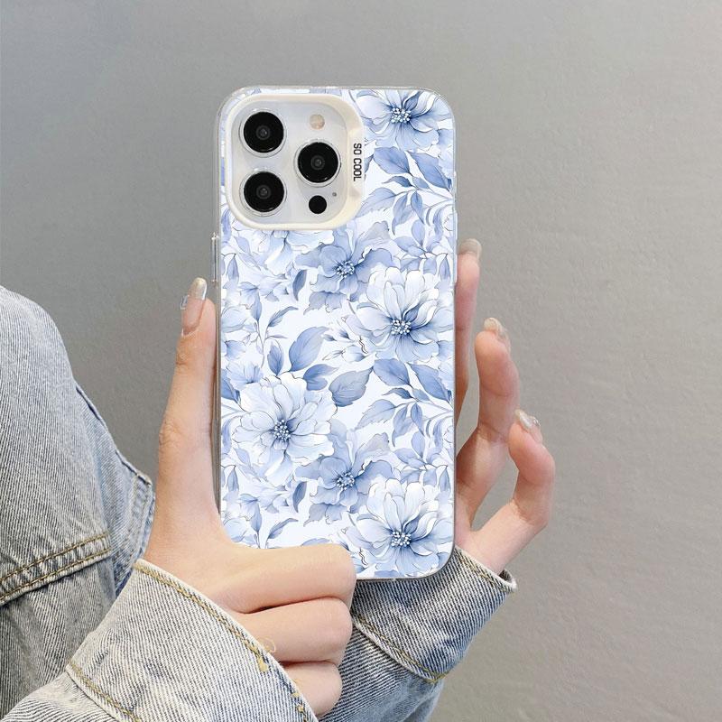 Cute Blue And White Porcelain Floral Phone Case For iPhone 11 12 Pro Max 16 15 14 13 Pro Max Plus 13 Mini Shockproof Laser Cover