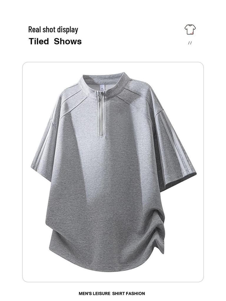 Men's Striped Half-Zip Short-Sleeve Casual T-Shirt