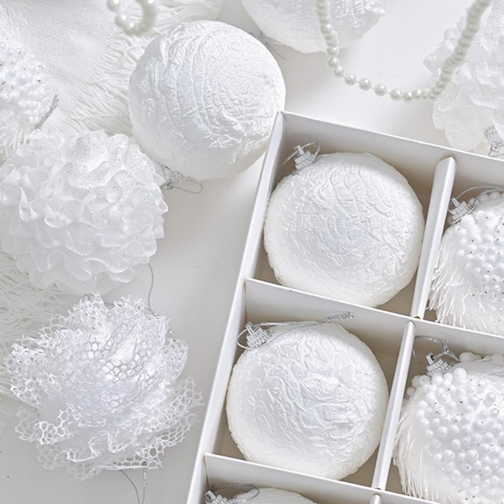 12pcs 8cm Exquisite High-end Snow White Lace Christmas Ball Ornaments Christmas Tree Hanging Decorations Gift Box Set