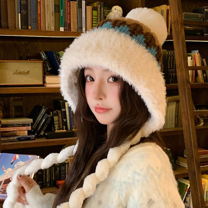 Jacquard Fur Ball Plus Velvet Knitted Hat for Women Winter Cold Protection and Ear Protection Woolen Hat Cycling Lei Feng Hat