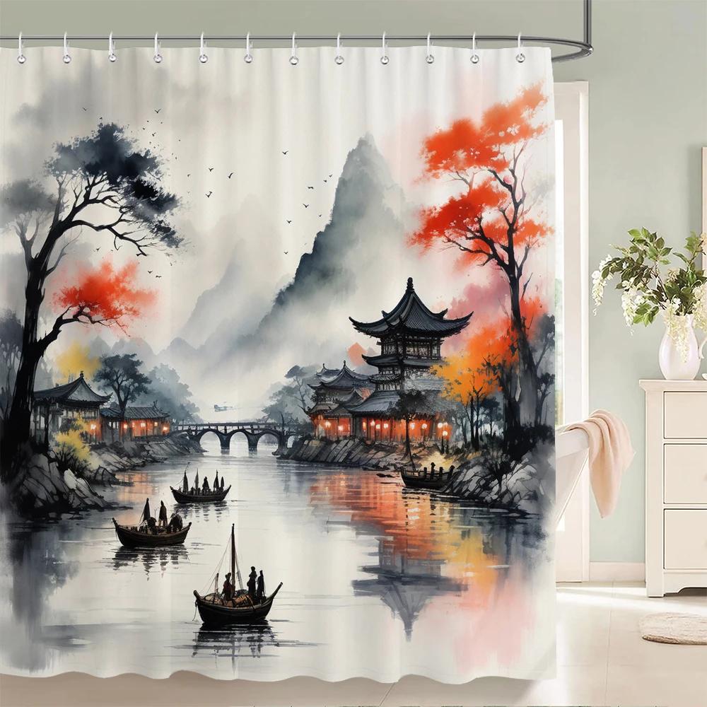 Waterproof Polyester Fabric Japanese flower scenery Shower Curtain Flower Printed Bathroom Curtains for Home Decoration Curtain