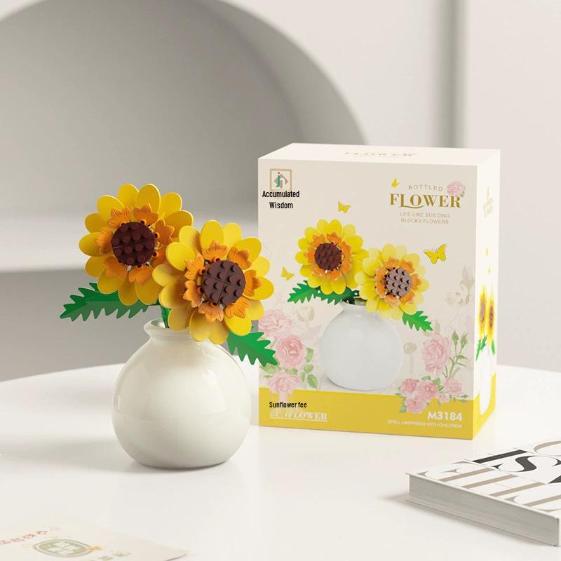 Dream Flower Box: Preserved Building Block Bouquet Set - Sunflower & Carnation. Ideal Toy for Children's Assembly.