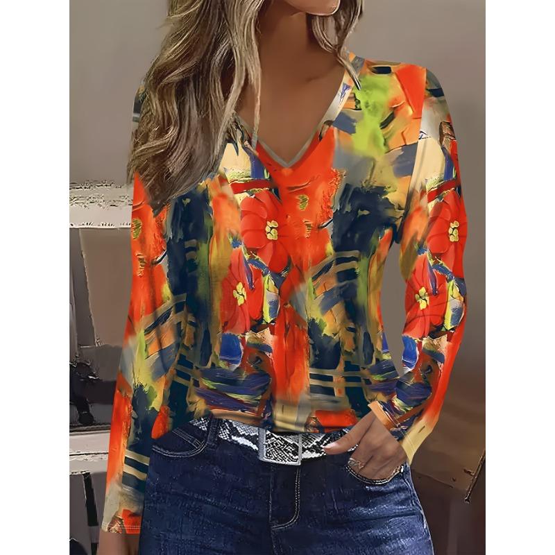 Fashionable and Elegant Abstract Painting Flower Graphics V-neck Long-sleeved T-shirt Casual Daily Sports Shirt Autumn and Winter New Long-sleeved Top
