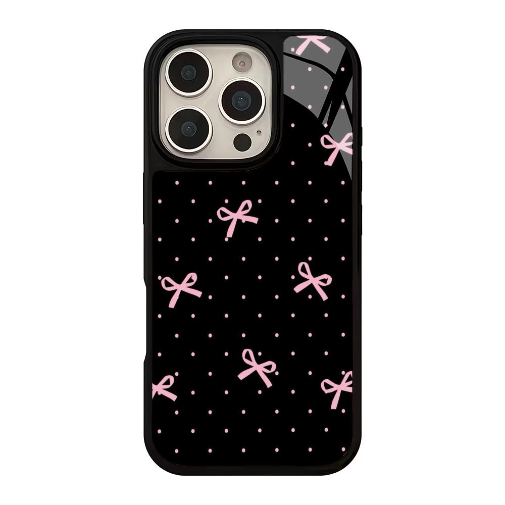 Black Background Bow Design Glass Phone Case Suitable for iPhone 17 16 15 14 13 12 11 Pro/Max/Plus Anti Drop and Shockproof
