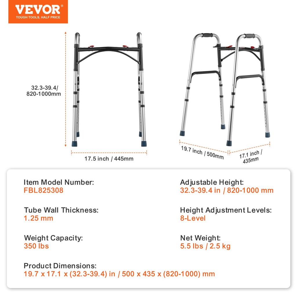 VEVOR Folding Walker, 2-Button Folding Walkers with 8-Level Adjustable Height and Durable Handles