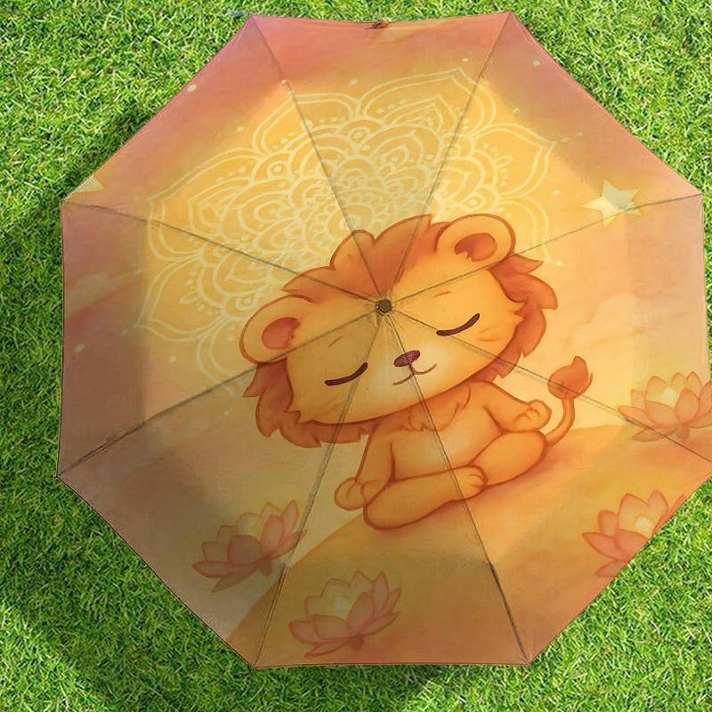 Peaceful Lion Lotus Mandala Umbrella: Automatic Opening & Closing, Outdoor Protection, Lightweight & Durable Travel Accessory