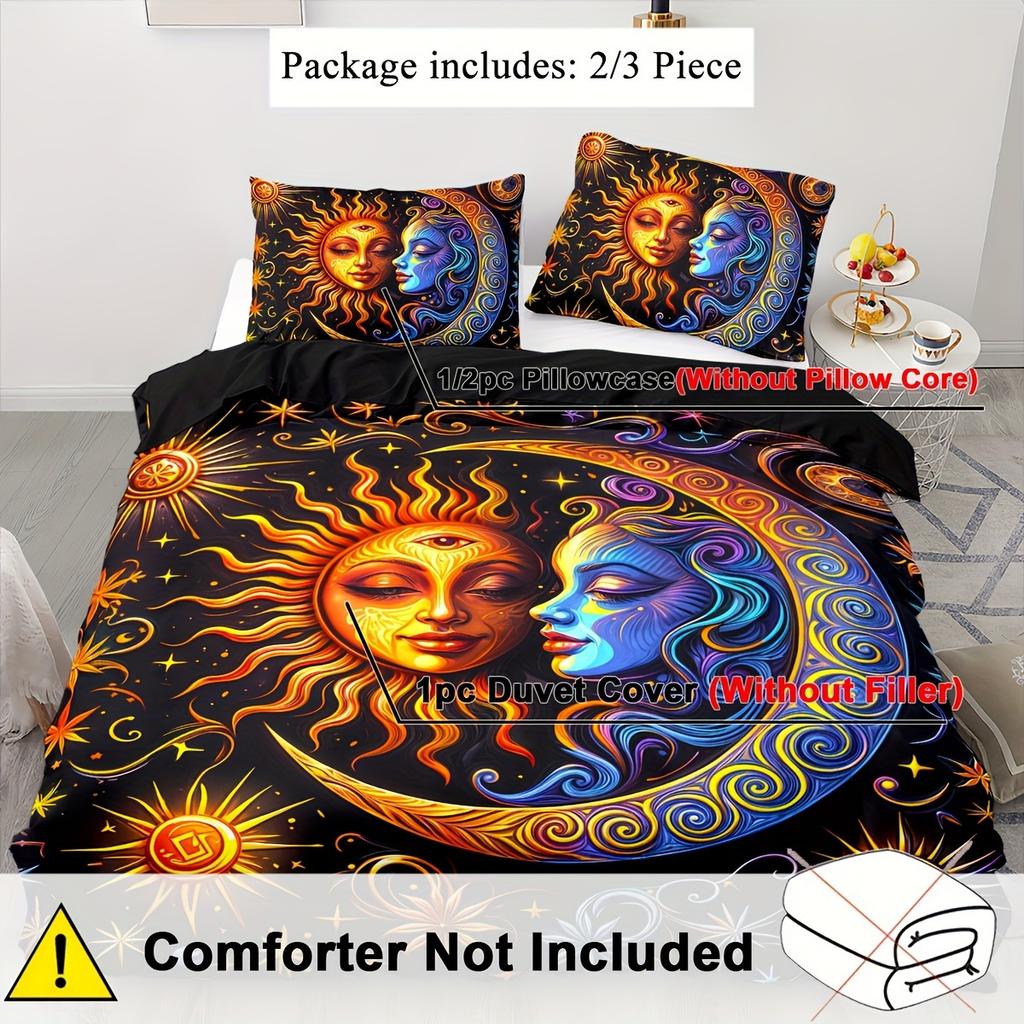 Fantasy Galaxy Duvet Cover Set - Breathable Polyester Bedding Sets With Zipper Closure, Sun And Moon Mandala Pattern, All-Season