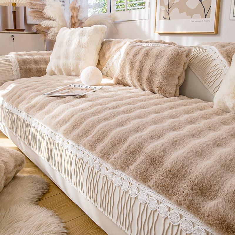 High Quality Thick Cloud Plush Sofa Cushion Wavy Stripes Plush Anti Slip Winter Soft Sofa Cover Cloth Couch Chair Mat Home Decor