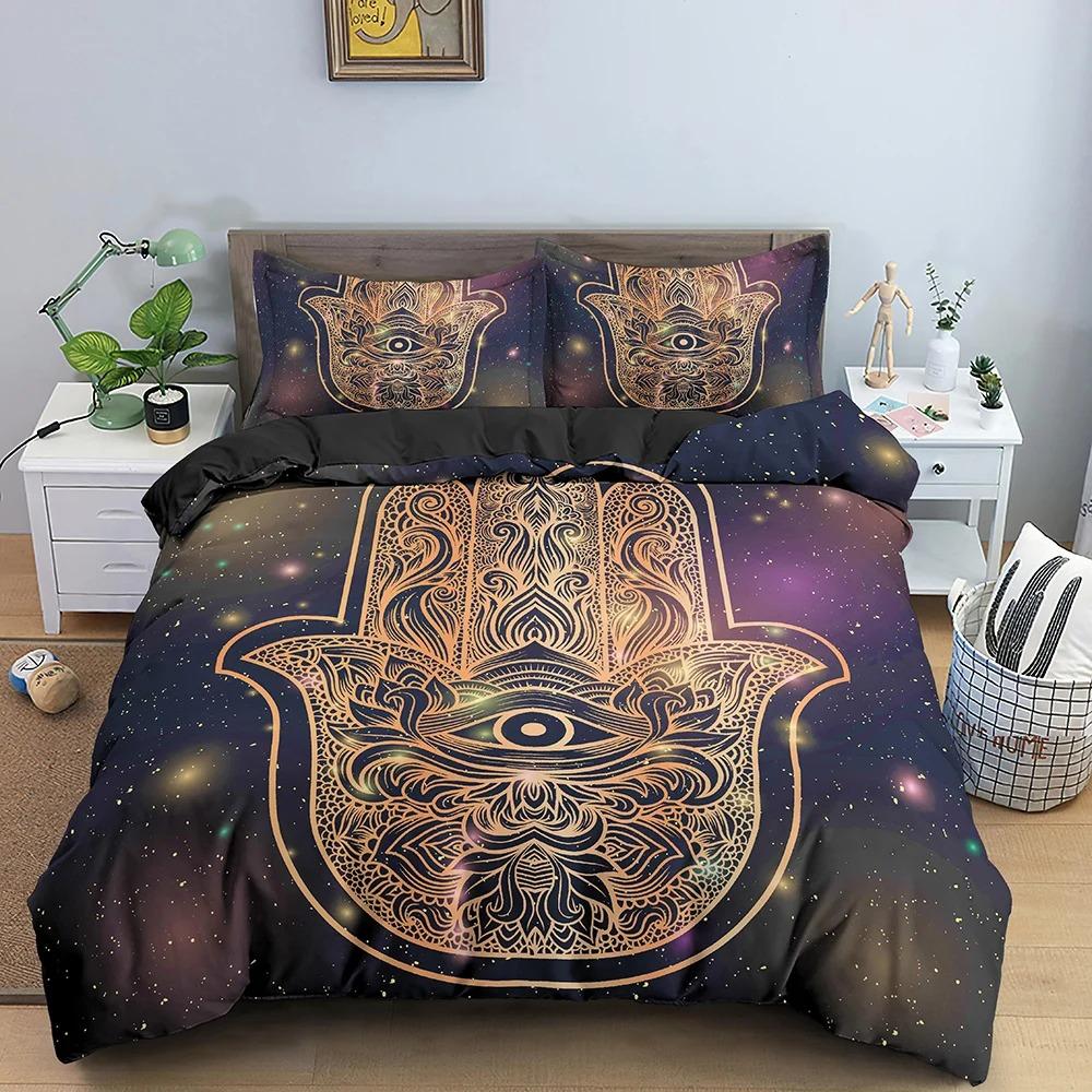 

Hamsa Hand King Queen Bedding Set Hand of Fatima Duvet Cover Boho Mandala Black Gold Lucky Hand Polyester Quilt Cover EU Single 135x200cm