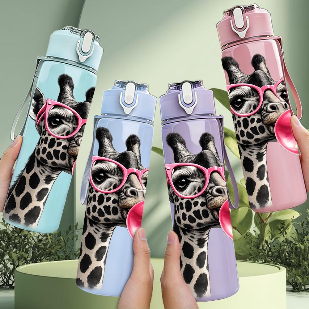 1PC Giraffe Blowing Bubble Cute Print 750ml Color Plastic Sports Water Bottle Leakproof Flip Straw Lid Suitable for Sports Office Home Use