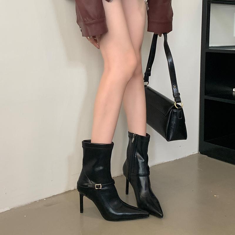 Fashion Temperament pointed new autumn and winter short boots for women, slim heels, patent leather elastic boots, side zipper