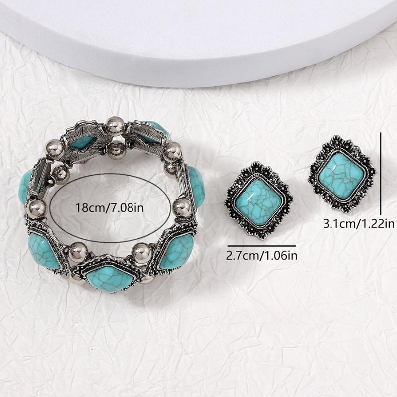 New Fashion Boho Turquoises Ear Studs Elastic Bracelet Bangle For Women Ethnic Vintage Bohemian Party Jewelry Gift