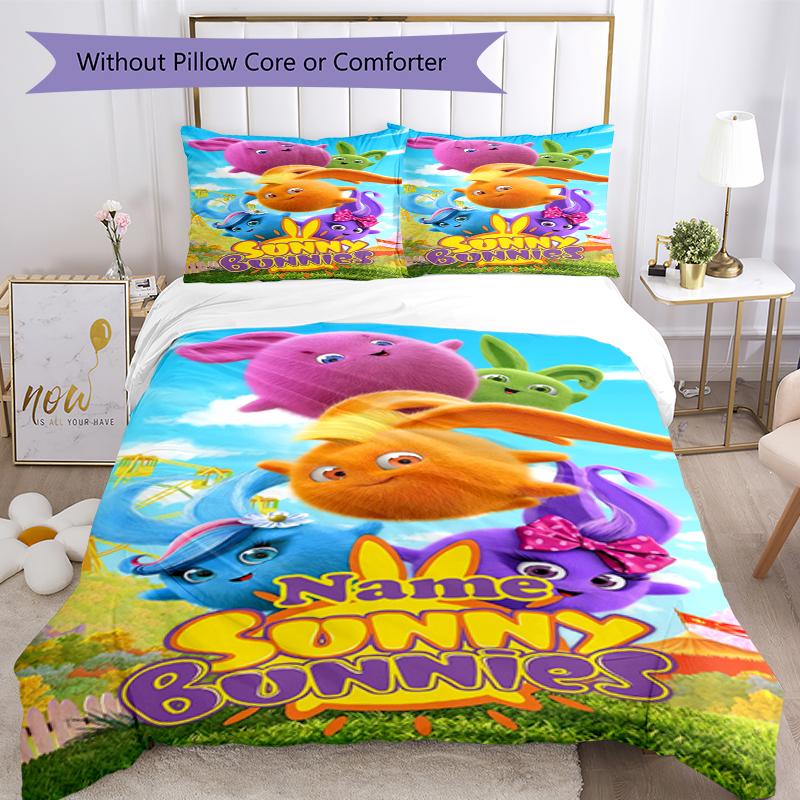 3pcs Custom Name Sunny Bunnies Bedding Set Duvet Cover Closure Includes 1 Duvet Cover & 2 Pillowcases, Soft and Comfortable for All Seasons.