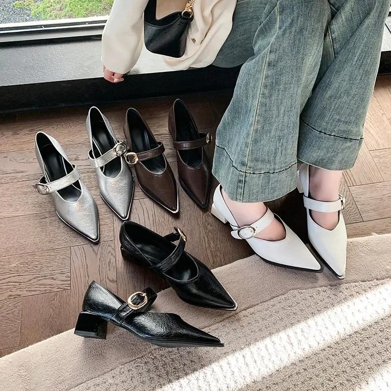 Fashion 2025Spring Women's Heeled Single Shoes Fashionable Mid-heel Gold Buckle  Jane Shoes  Pointed Toe Boat Shoes Zapatos Mujer