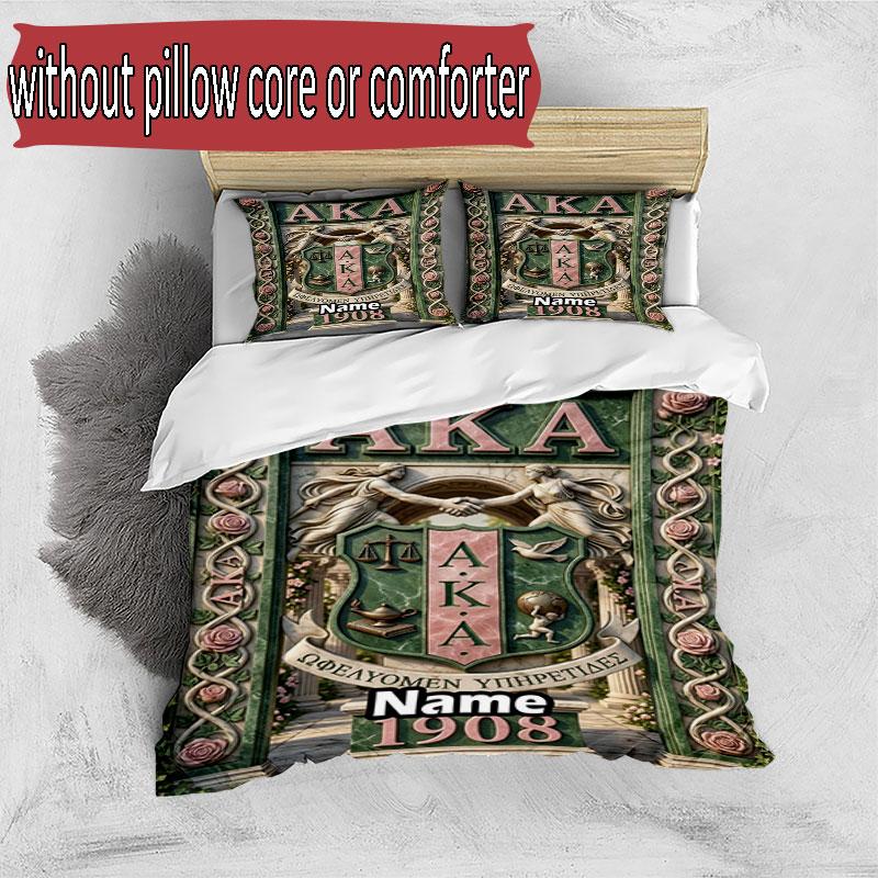 3pcs Duvet Cover Set (1*Duvet Cover + 2*Pillowcase, Without Core), Custom Name Alpha Kappa Alpha Pattern Bedding Set, Home Bedroom Decor Gift