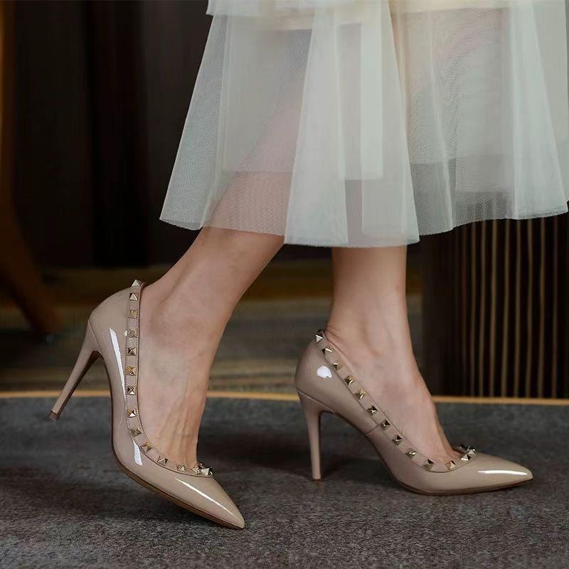 Fashion Shoes for Women 2024 Slip on Women's High Heels Fashion Party Pumps Women Rivet Pointed Toe Shallow Thin Heels Shoes Female