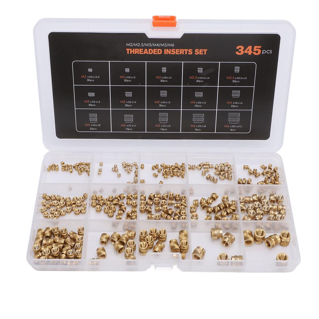 345PCS Set Threaded Inserts M2 M2.5 M3 M5 M6 Brass Female Thread Nuts Inserts with Box for 3D Printi