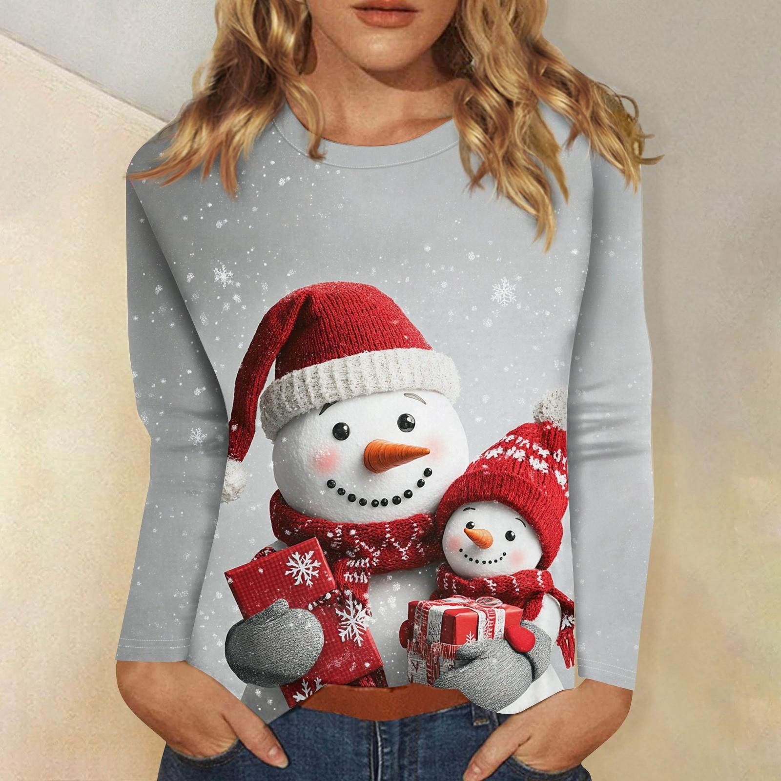 

Рубашки с длинным рукавом для женщин Милые принты Футболки Блузки Повседневные Большие размеры Базовые топы Пуловеры Рождественские XXXL белый