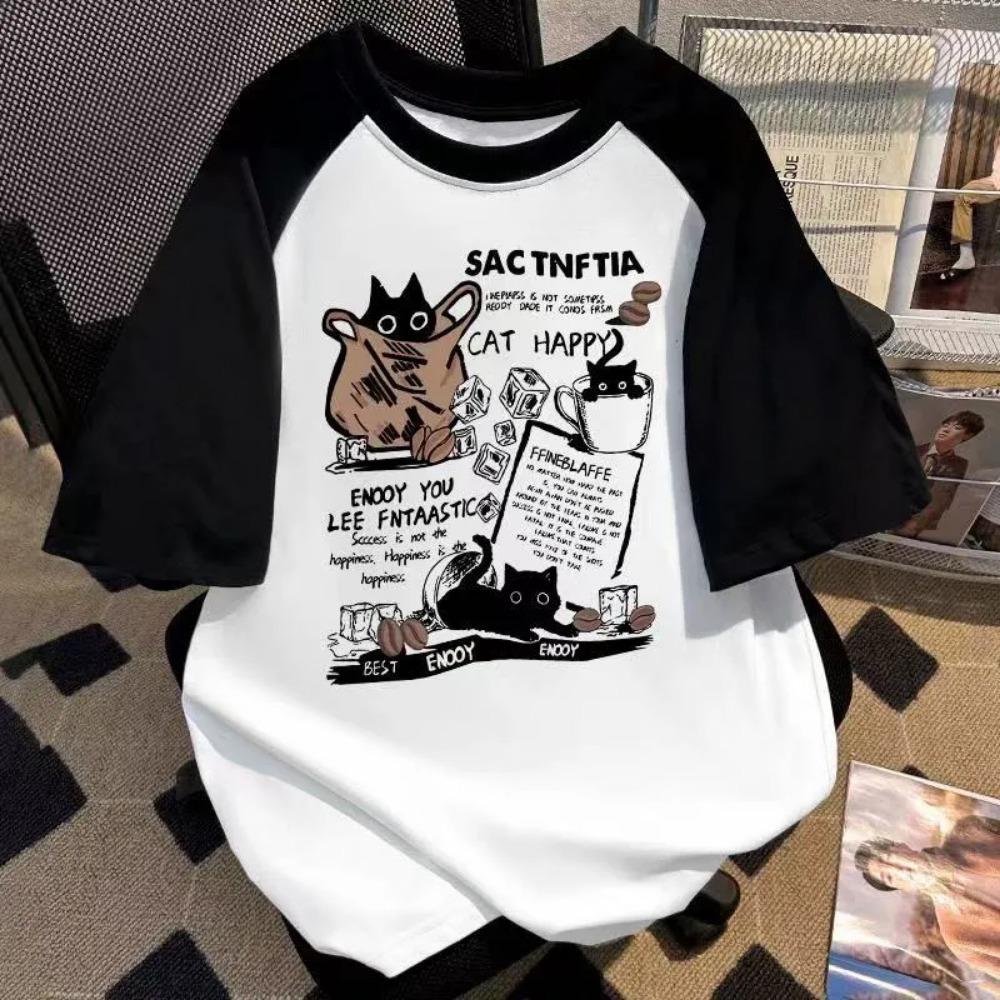 

Summer New Cute Cartoon Cat Short-sleeved T-shirt for Women Casual Large Size Round Patchwork Top M