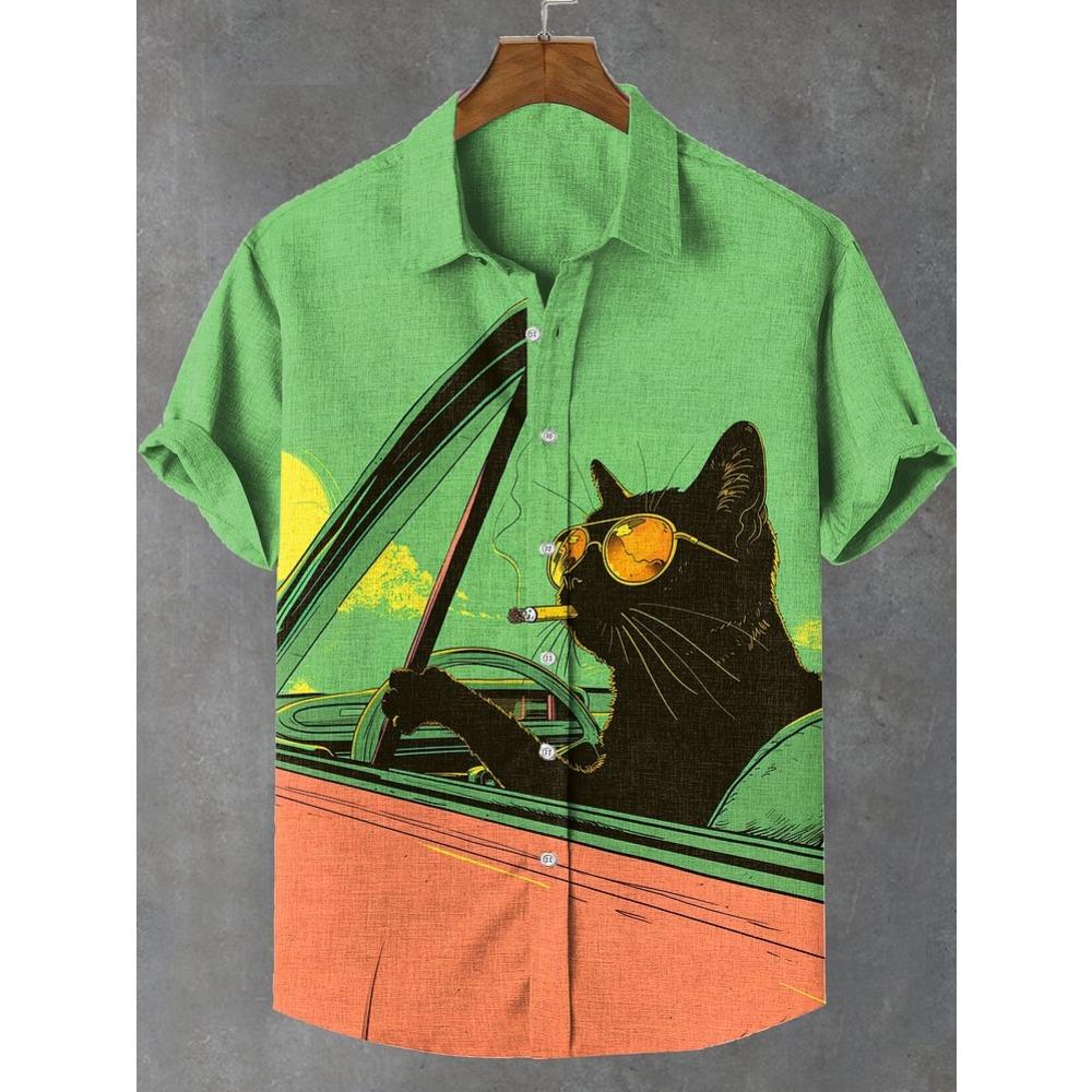 Men's Sunflower Cat All Over Art Print Shirts 3D Anime Hawaiian Shirt Men Women Short Sleeve Lapel Blouse Oversized Y2k Top