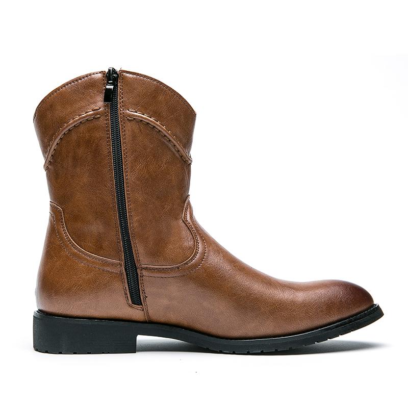 Botas occidentales para hombre Punta puntiaguda Puntas de ala Negro Marrón Amarillo Vestido retro informal Cremallera Cuero Botas de entretiempo para hombre a media pantorrilla para hombre Tallas grandes