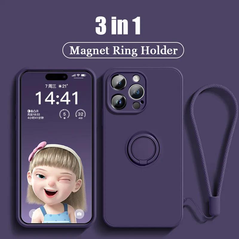 Luxury Liquid Silicone Magnetic Ring Holder Case For iPhone 15 14 13 12 16 Mini 11 Pro Max X XR XS Max Plus Lanyard Cover