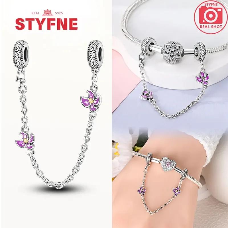 Real Silver 925 Star and Moon Flower Heart Safety Chain Wearable Jewelry Gift Bracelet DIY Beads for Women