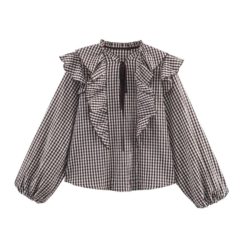 2025 Autumn European Style Women's Plaid Layered Long Sleeve Shirt