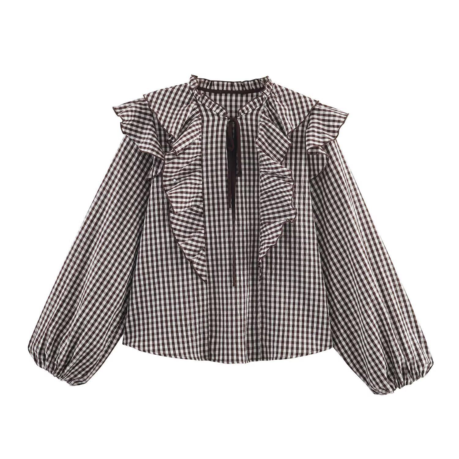 2025 Autumn European Style Women s Plaid Layered Long Sleeve Shirt Extra Small