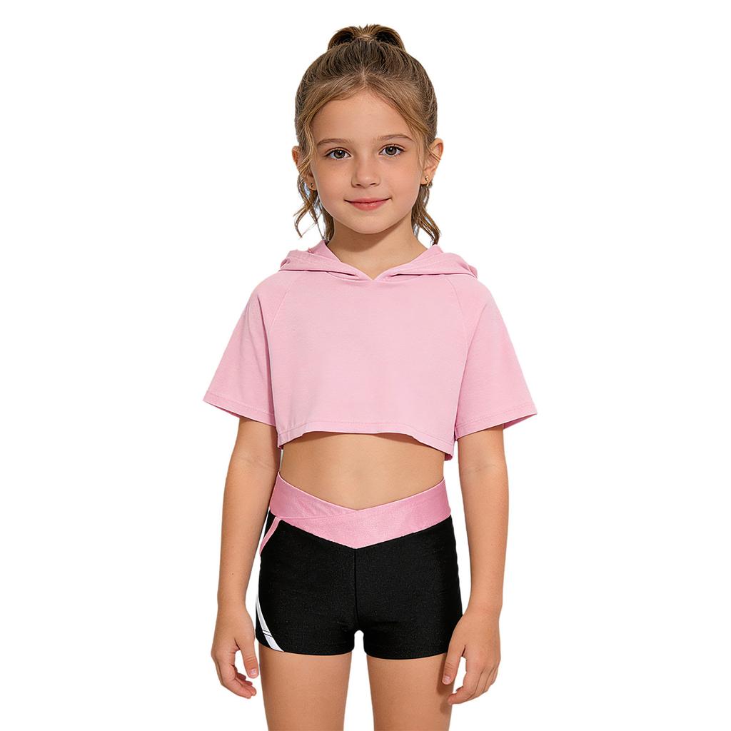 Sport-Set für Mädchen Ärmellose Weste mit Kreuzrücken Kurzärmeliges Kapuzen-Crop-Top V-Ausschnitt Bundshorts