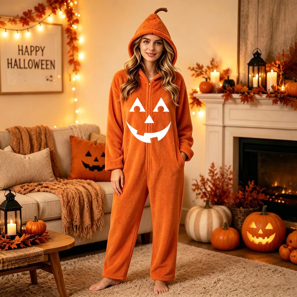 Damen Halloween Print Flanell Strampler Loungewear Set für gemütliches Entspannen
