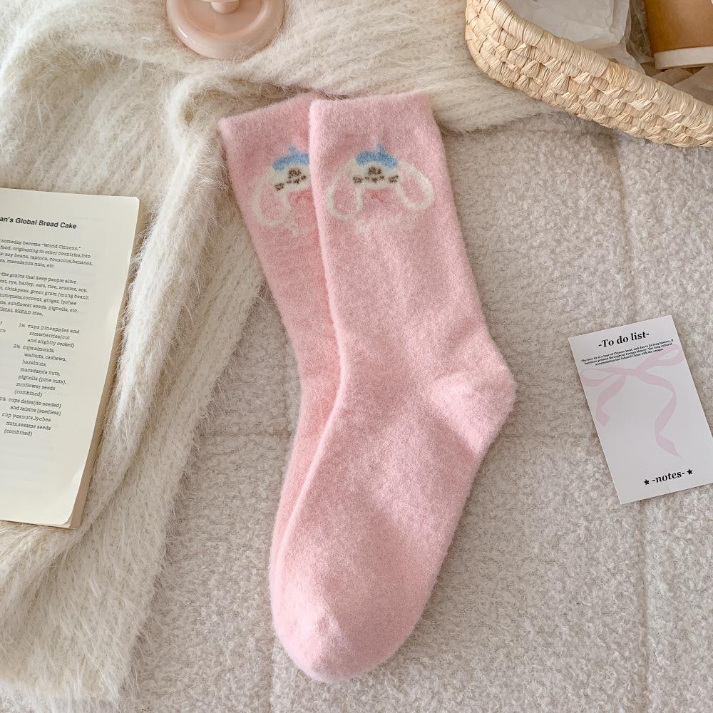 Pink Australian Fleece Thickened Warm Mid-calf Socks for Women's Autumn and Winter, Strawberry Cartoon Rabbit Bow Sleep Floor Socks