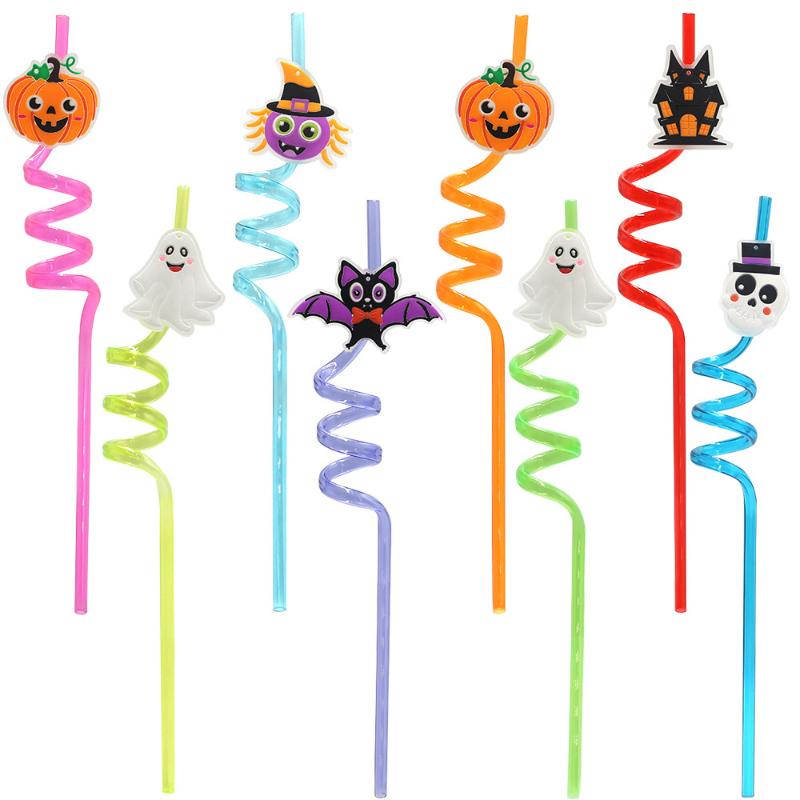 Halloween Glow Spiral Drinking Straws Luminous Bat Ghost Pumpkin Witch Print for Festival Gathering Drinkware 1Pcs