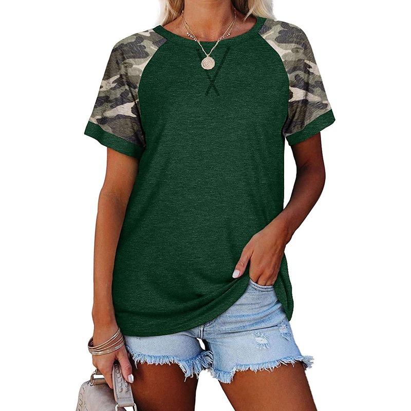 Damen Sommer Neu Camouflage-Print Rundhals Kurzarm Top