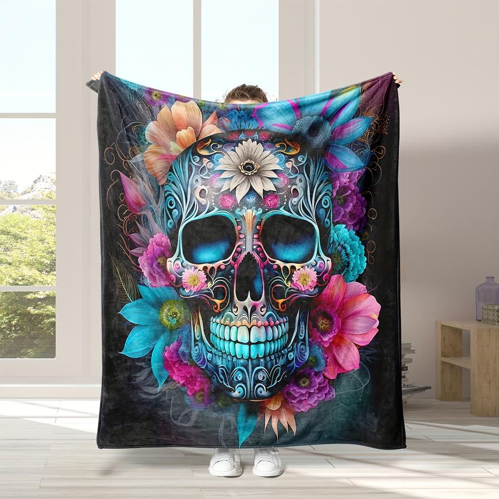 1pc of Flannel Blanket with Floral Skull Pattern Soft And Warm Suitable for Sofa Nap Sofa Bed Car Office Camping And Hallo
