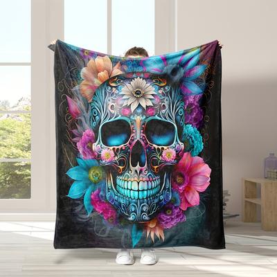 Flannel Blanket with Floral Skull Pattern, Soft And Warm, Suitable for Sofa, Nap, Sofa Bed, Car, Office, Camping, And Halloween.