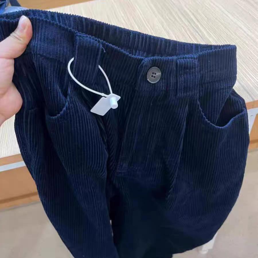 Women s Retro Dark Blue Corduroy High-Waisted Wide-Leg Harem Pants - Elastic Waist, Slimming, Versatile Winter Trousers Medium