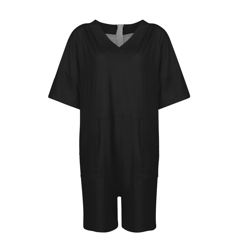 Plus Size Womens Casual V Neck Pockets Short Sleeve Jumpsuits Wide Shorts Rompers (S-5XL)