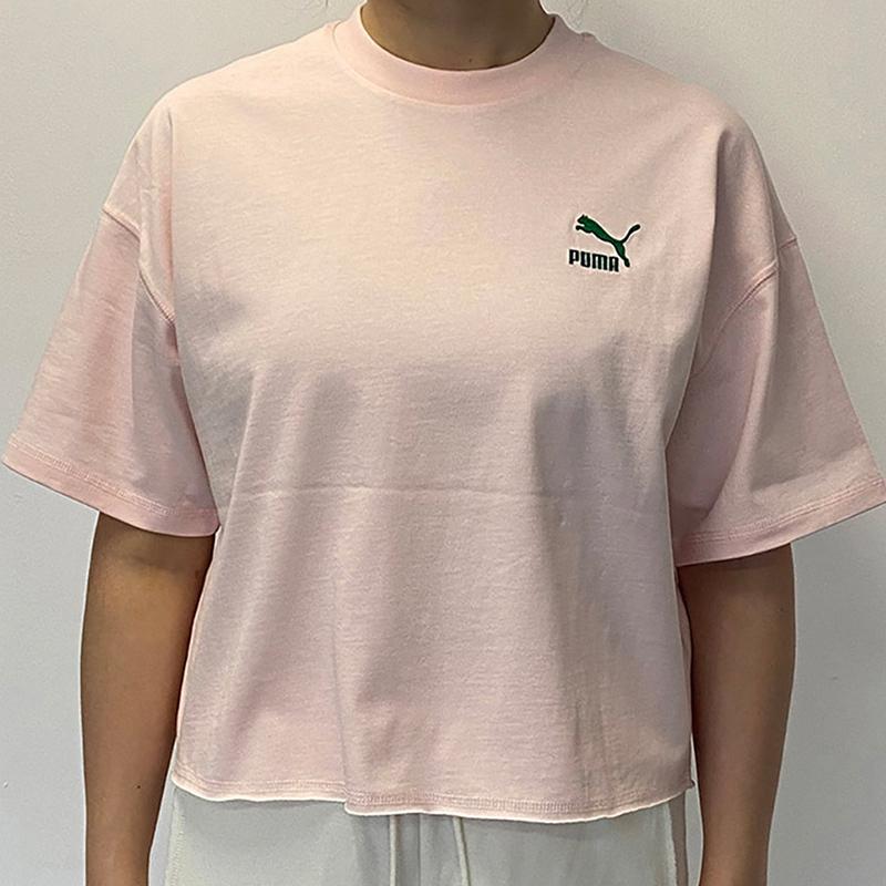 Puma Classics Court Girl Short Sleeve Tee Retro American Letter Logo Print Round Neck T-Shirt Women Tops Ice-Pink 622963-24