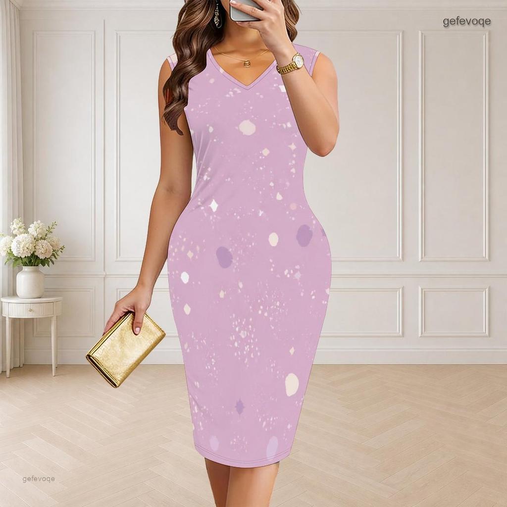 Women Plus Size V Neck Sleeveless Black Gold Printed Bodycon Midi Dress