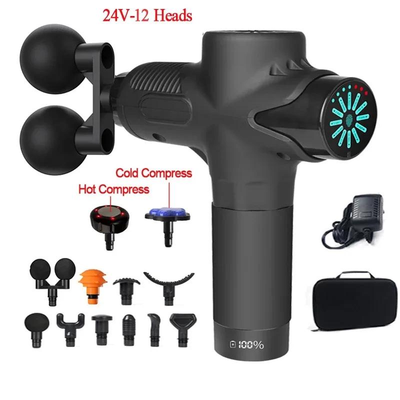Pistola de Massagem Profissional 24V Durável e Segura com Compressa Quente e Fria Elétrica 12 Cabeças Alta Frequência Pistola de Fáscia Tecido Profundo Pescoço Relaxar Fitness