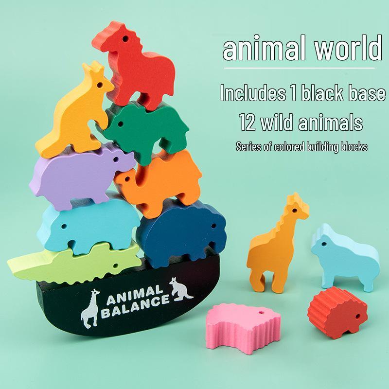 Wooden Forest Animals Seesaw: Baby Balance & Hand-Eye Coordination Stacking Blocks