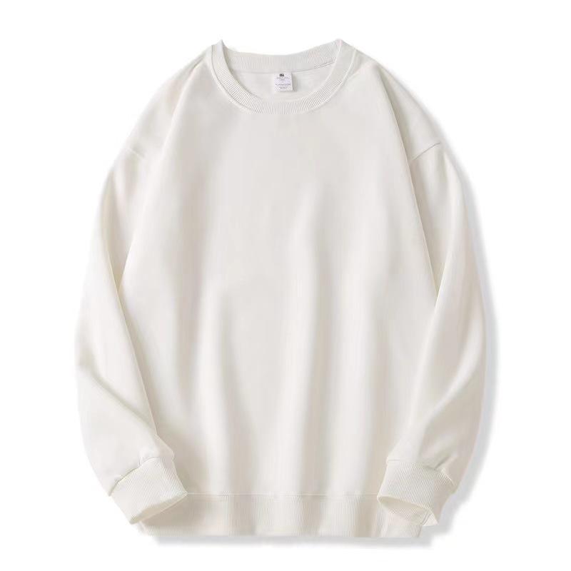 Pure White Heavyweight Cotton Pullover Sweatshirt - Round Neck, Korean Style