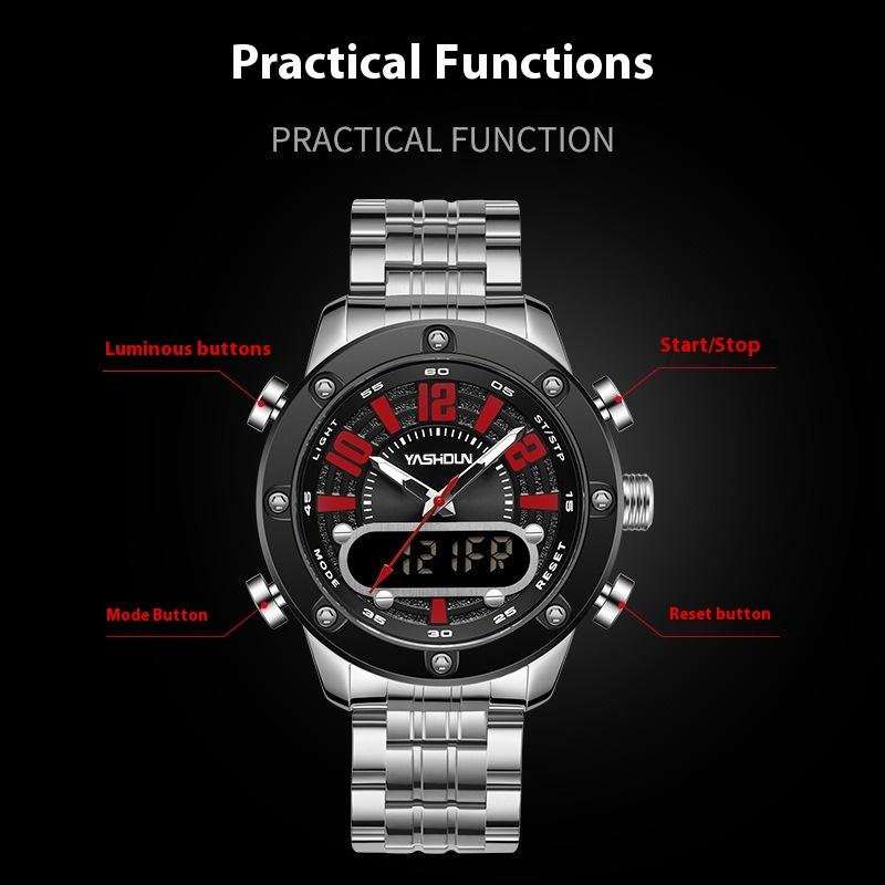 Top Brand Multifunctional Dual Display Electronic Watch Sport Men's Watch Steel Strap Quartz Wrist Watch